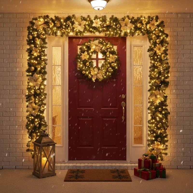 Pre-Lit Christmas Garland with Lights Warm White LED Artificial Pine and Ornaments - Image 1