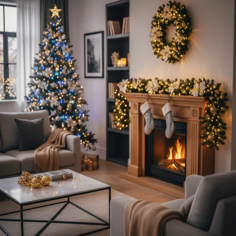 Pre-Lit Christmas Garland with Lights Warm White LED Artificial Pine and Ornaments - Image 10