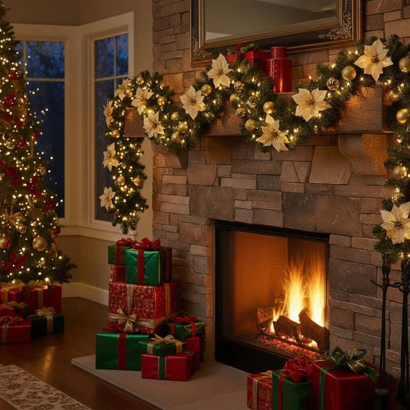 Pre-Lit Christmas Garland with Lights Warm White LED Artificial Pine and Ornaments - Image 2
