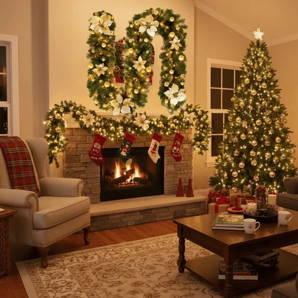 Pre-Lit Christmas Garland with Lights Warm White LED Artificial Pine and Ornaments - Image 4