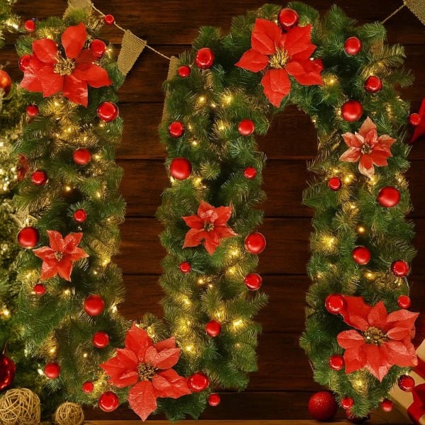 Pre-Lit Christmas Garland with Lights Warm White LED Artificial Pine and Ornaments - Image 5