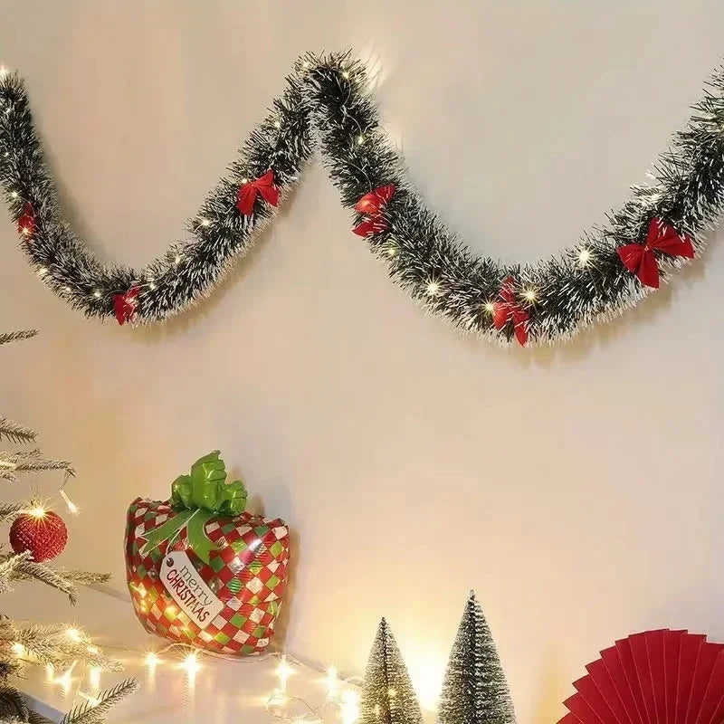 Pre-Lit Tinsel Garland with LED Lights Bows Frosted White Tips - Image 4