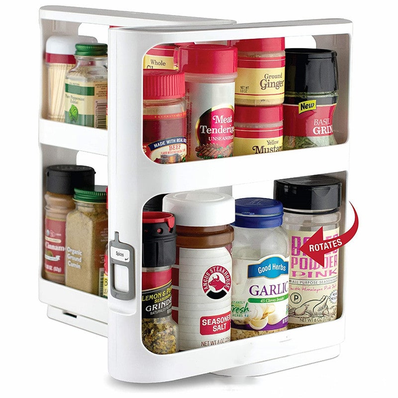 Pull Out Spice Rack Organizer with Rotating Two-Tier Shelves and Cabinet Labels Glass Jars - Image 2