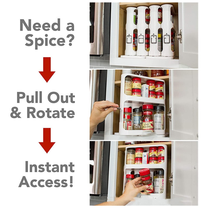 Pull Out Spice Rack Organizer with Rotating Two-Tier Shelves and Cabinet Labels Glass Jars - Image 3