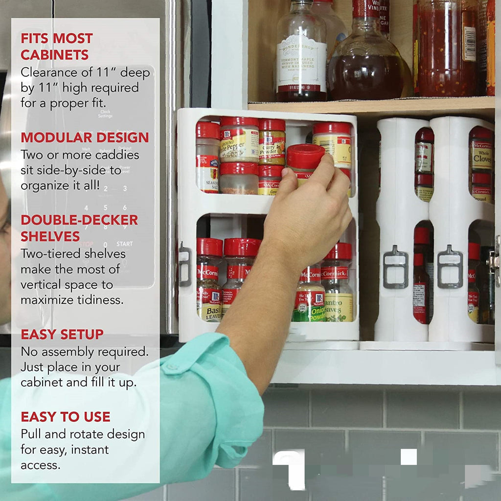 Pull Out Spice Rack Organizer with Rotating Two-Tier Shelves and Cabinet Labels Glass Jars - Image 5