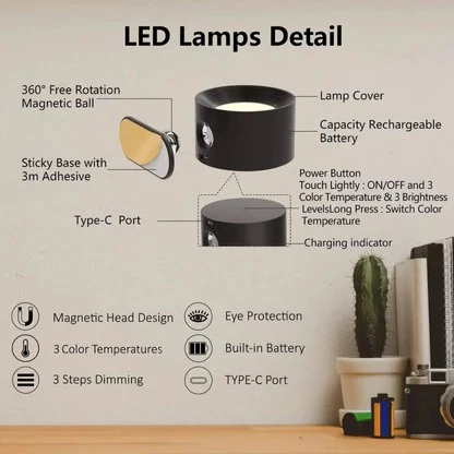 Rechargeable Wall Sconce with Modern Lighting Battery Powered Magnetic Mount and 360° Rotation - Image 5