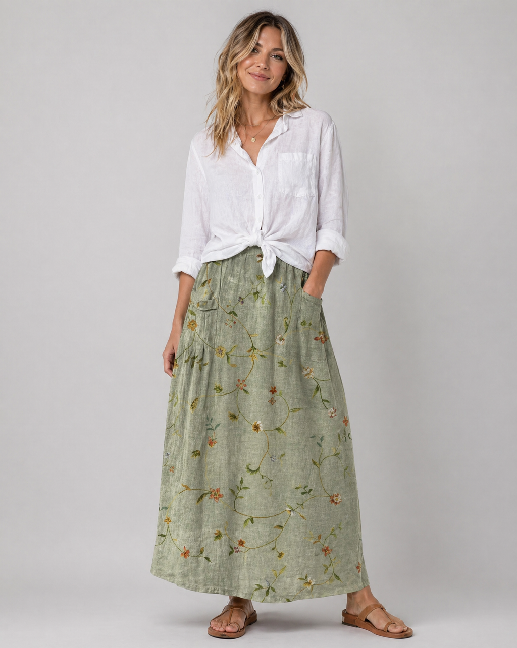 Retro Floral Art Sage Green A-Line Pocket Skirt — side view