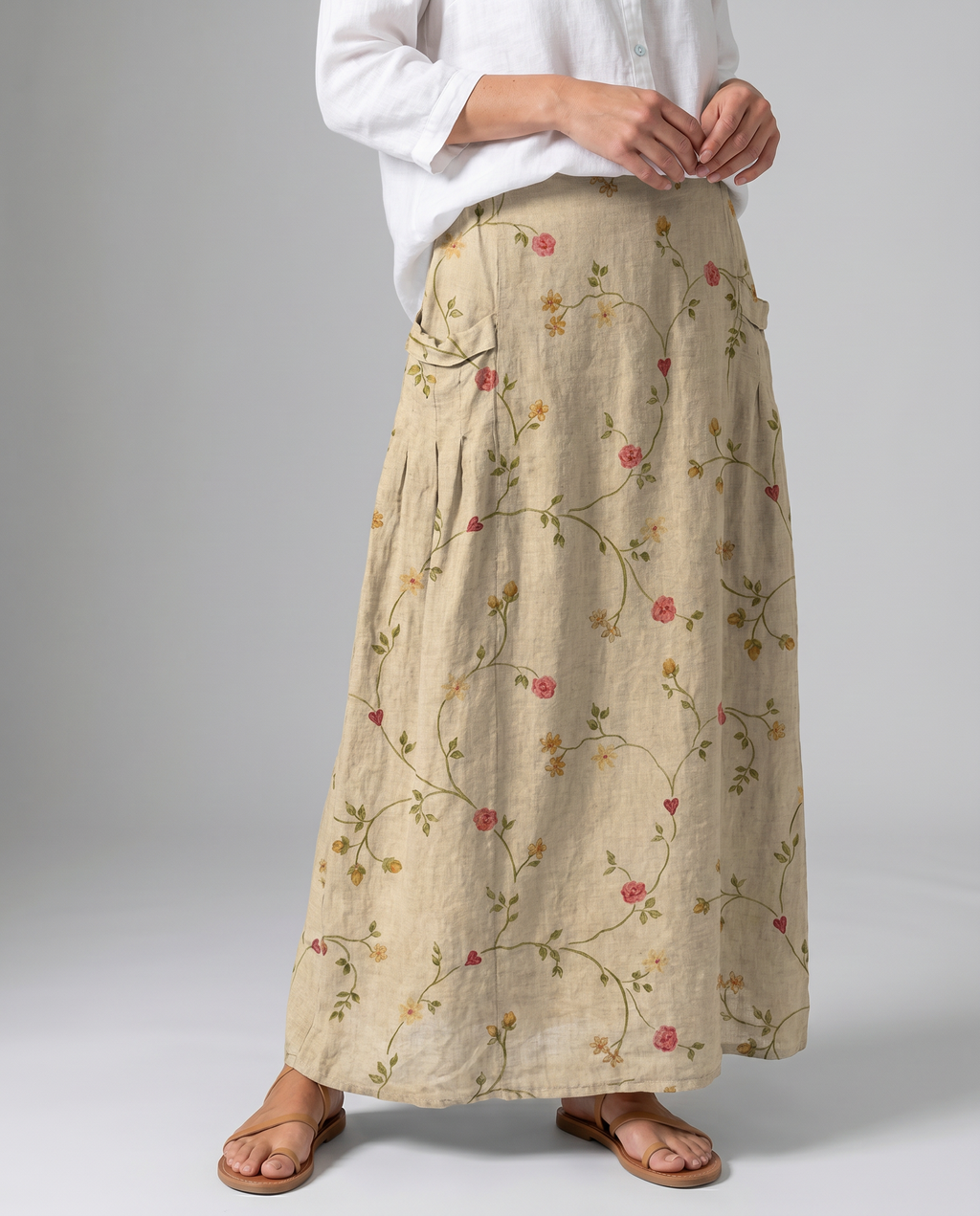 Retro Floral Print Beige A-Line Pocket Skirt — side view