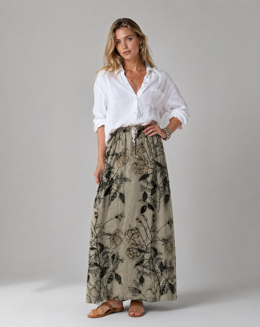 Retro Floral Print Khaki Pocket Skirt with Elastic Waist