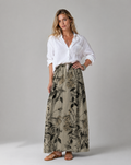 Retro Floral Print Khaki Pocket Skirt with Elastic Waist