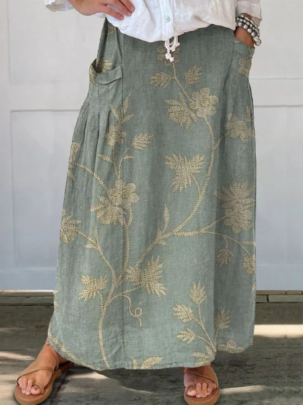 Retro Floral Print Light Gray Pocket Skirt — model wearing