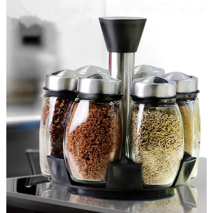 Rotating Spice Rack Organizer with 6 Glass Jars and Lazy Susan Base Countertop - Image 4