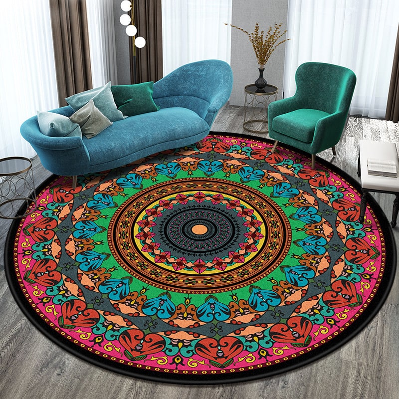 Round Area Rug Circular Mandala Pattern 8 Foot Boho Bedroom Machine Washable - Image 1