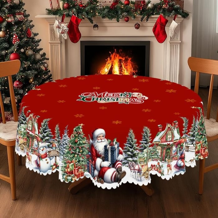 Round Christmas Tablecloth with Scalloped Edges and Festive Poinsettia Design - Image 3