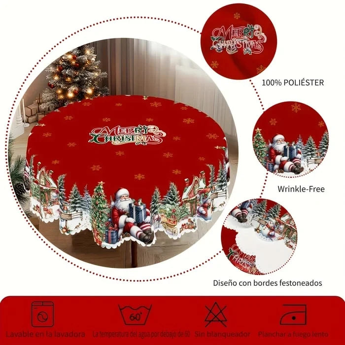 Round Christmas Tablecloth with Scalloped Edges and Festive Poinsettia Design - Image 4