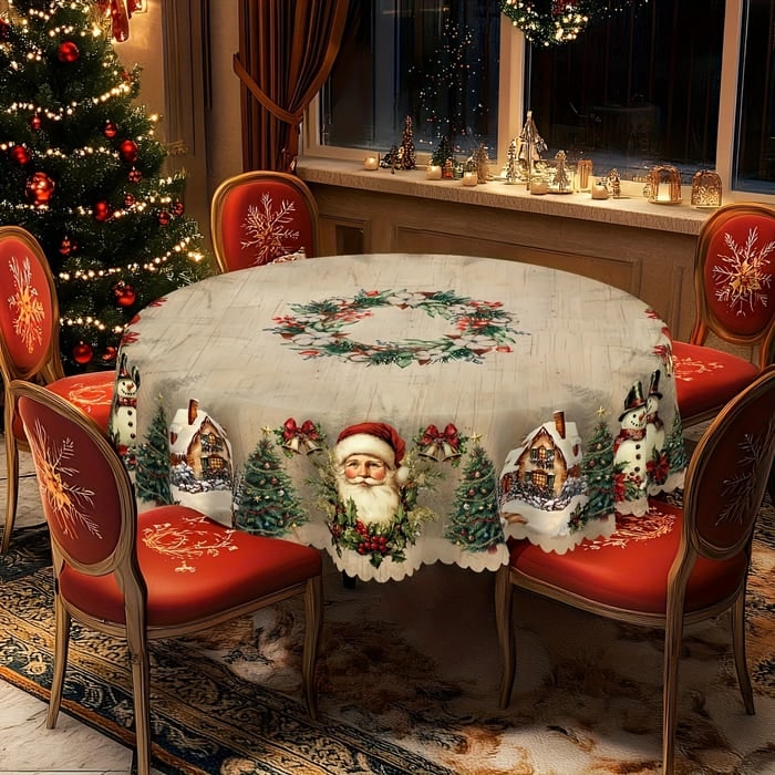 Round Christmas Tablecloth with Scalloped Edges and Festive Poinsettia Design - Image 6