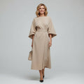 Round Neck Wide Sleeve Belted Flowing Midi Dress for Women