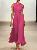 Ruched Chiffon Crew Neck Sleeveless A-Line Maxi Dress for Women