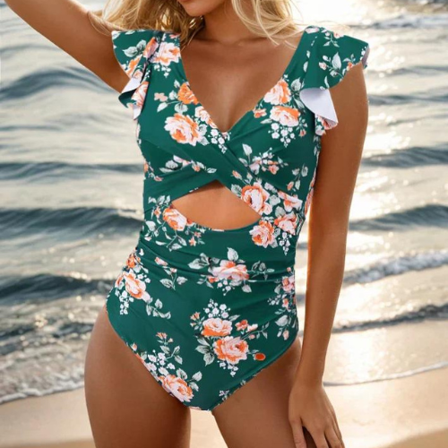 Ruffle V-Neck Twist Cutout Colour-Block One-Piece Swimsuit — back view
