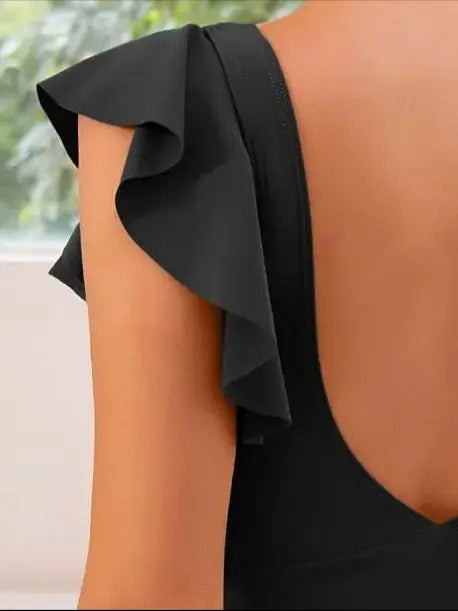 Ruffle V-Neck Twist Cutout Colour-Block One-Piece Swimsuit — close-up