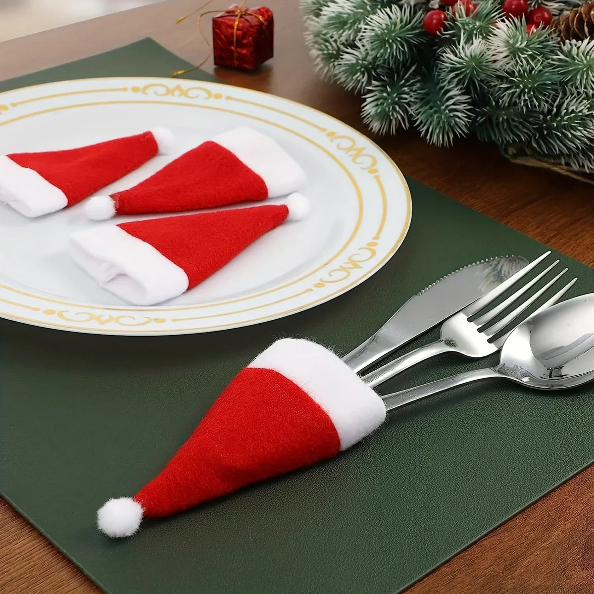 Santa Hat Cutlery Holders with Pom-Pom Felt Christmas Table Decoration Set - Image 2