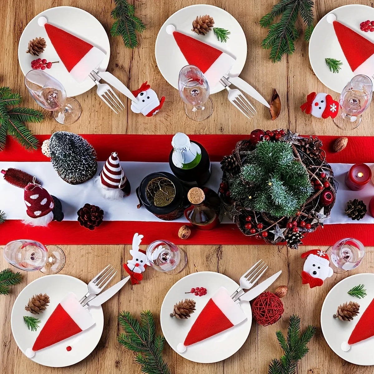 Santa Hat Cutlery Holders with Pom-Pom Felt Christmas Table Decoration Set - Image 5