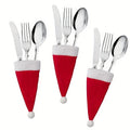 Santa Hat Cutlery Holders with Pom-Pom Felt Christmas Table Decoration Set - Image 6