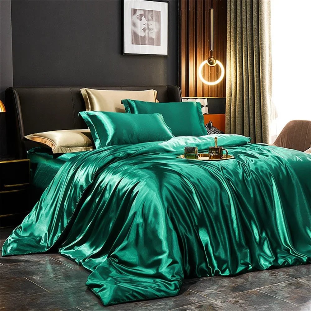 Satin Silk Luxury Bedding Set with Duvet Cover Pillowcases and Flat Sheet Smooth Lustrous Finish - Image 1