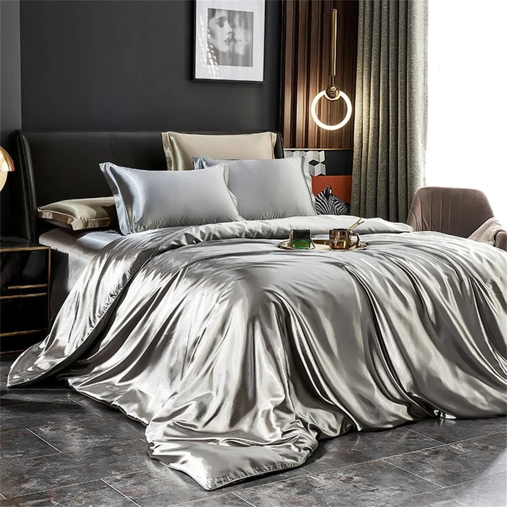 Satin Silk Luxury Bedding Set with Duvet Cover Pillowcases and Flat Sheet Smooth Lustrous Finish - Image 2