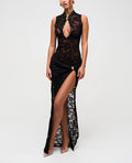 Sculpted Sheer Lace High Neck Front Slit Long Evening Dress