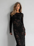 Semi-Sheer Lace Slim Fit Maxi Dress with Long Sleeves and Round Neckline