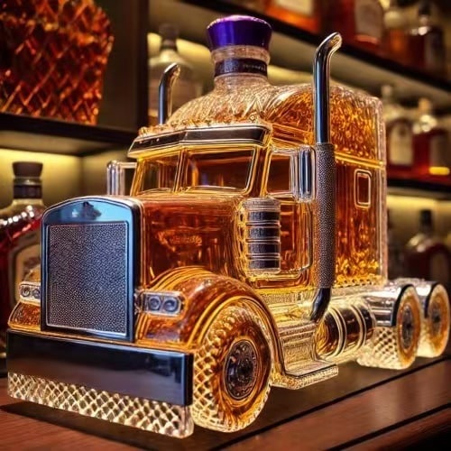 Semi-Truck Whiskey Decanter with Hand-Blown Glass and Decorative Stopper - Image 1