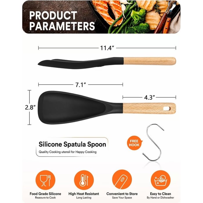 Silicone Fish Spatula for Cooking with Wooden Handle and Heat Resistant Spoonula Scoop - Image 4