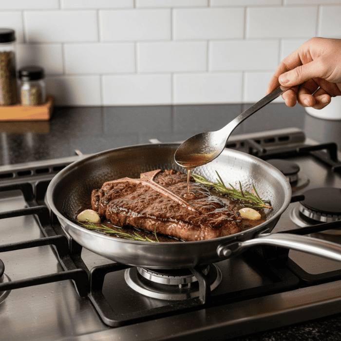 Skillet Stainless Steel Frying Pan Textured Dimpled Interior Riveted Handle - Image 1