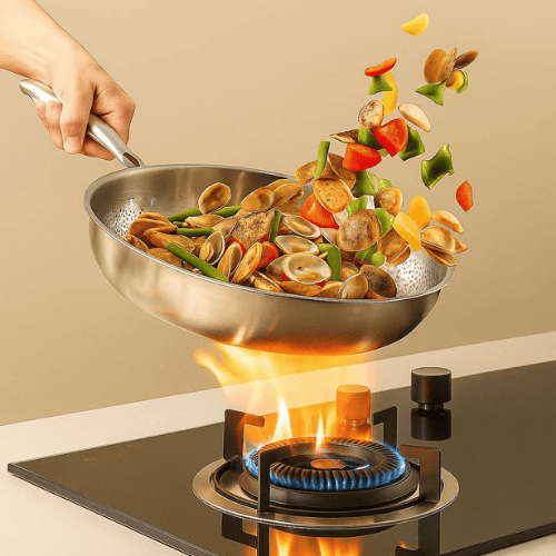 Skillet Stainless Steel Frying Pan Textured Dimpled Interior Riveted Handle - Image 2