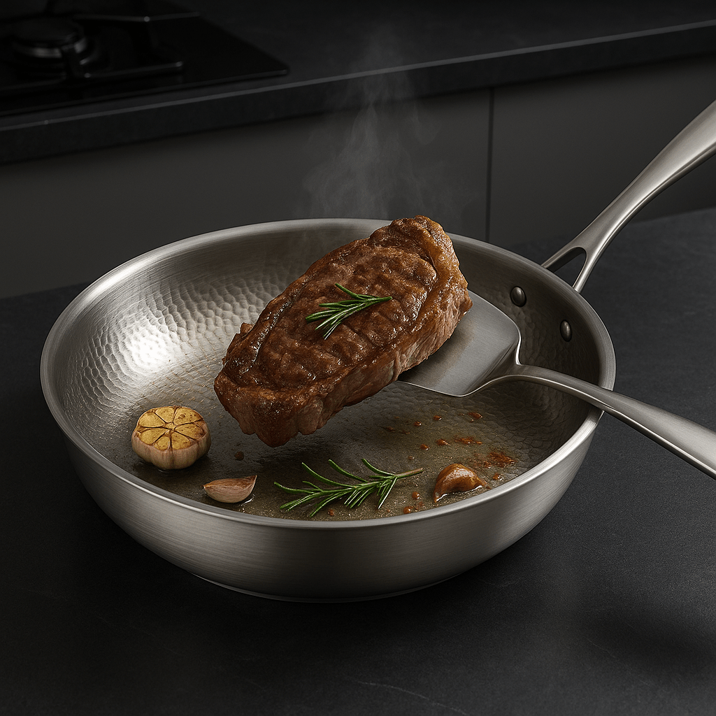 Skillet Stainless Steel Frying Pan Textured Dimpled Interior Riveted Handle - Image 3