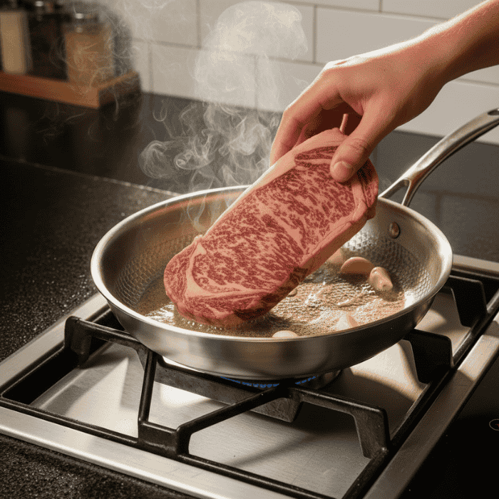 Skillet Stainless Steel Frying Pan Textured Dimpled Interior Riveted Handle - Image 5