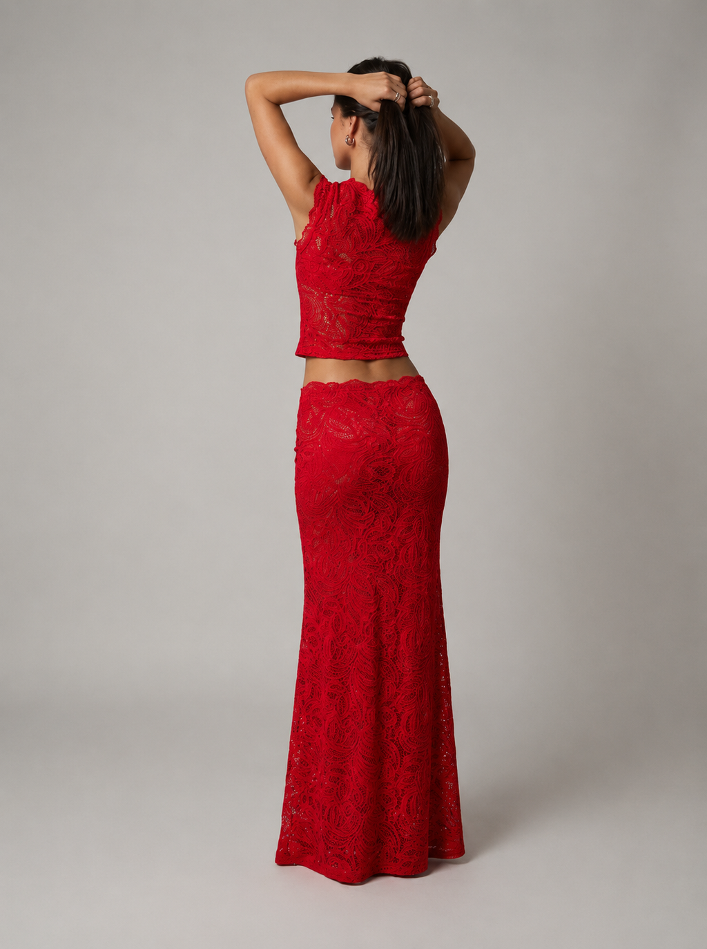 Sleeveless Floral Lace Crop Top and Long Skirt Two-Piece Set — back view