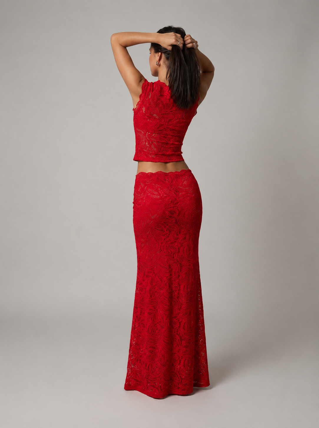 Sleeveless Floral Lace Crop Top and Long Skirt Two-Piece Set — back view