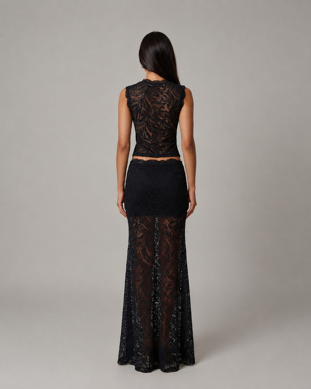 Sleeveless Floral Lace Crop Top and Long Skirt Two-Piece Set — close-up