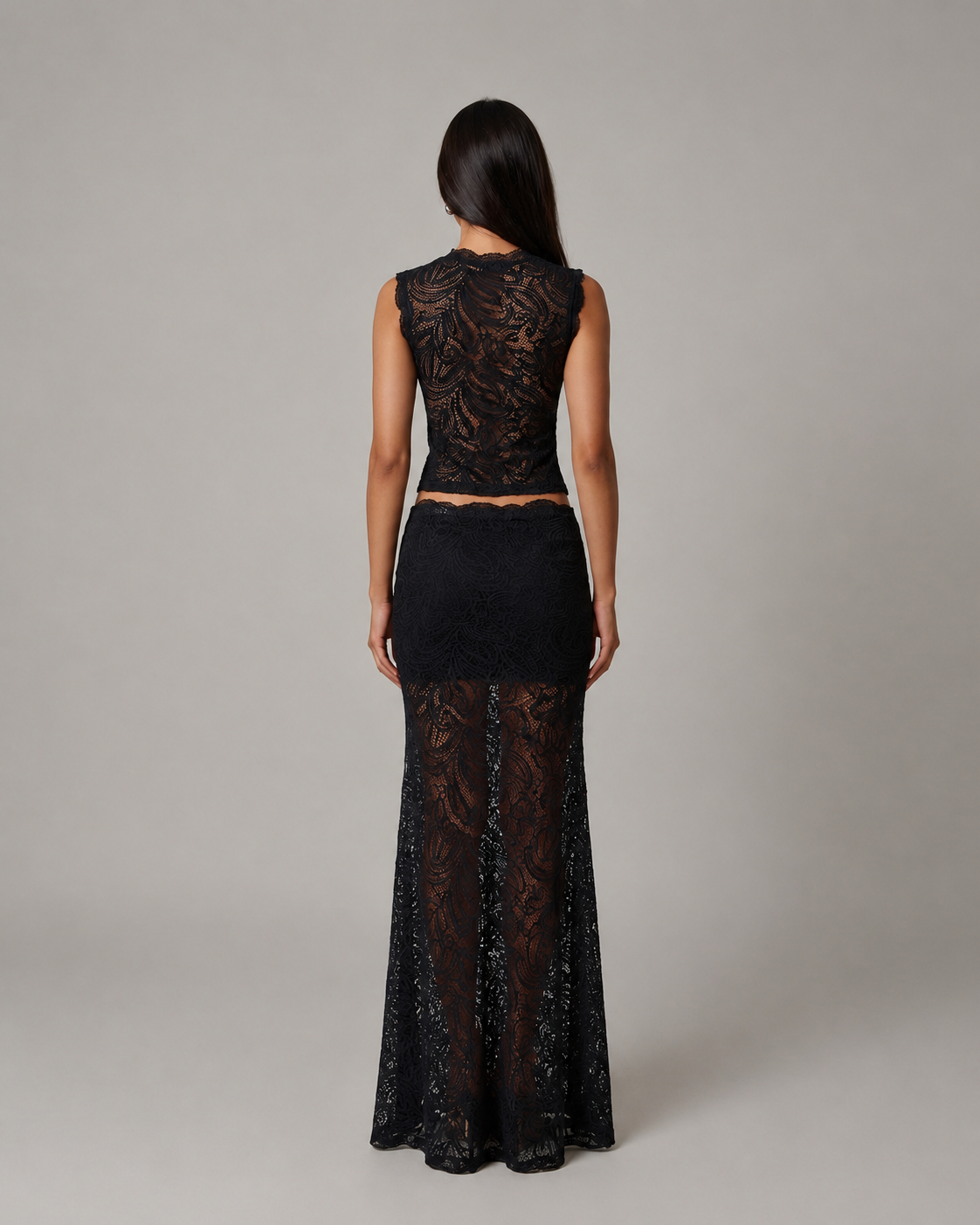 Sleeveless Floral Lace Crop Top and Long Skirt Two-Piece Set — close-up