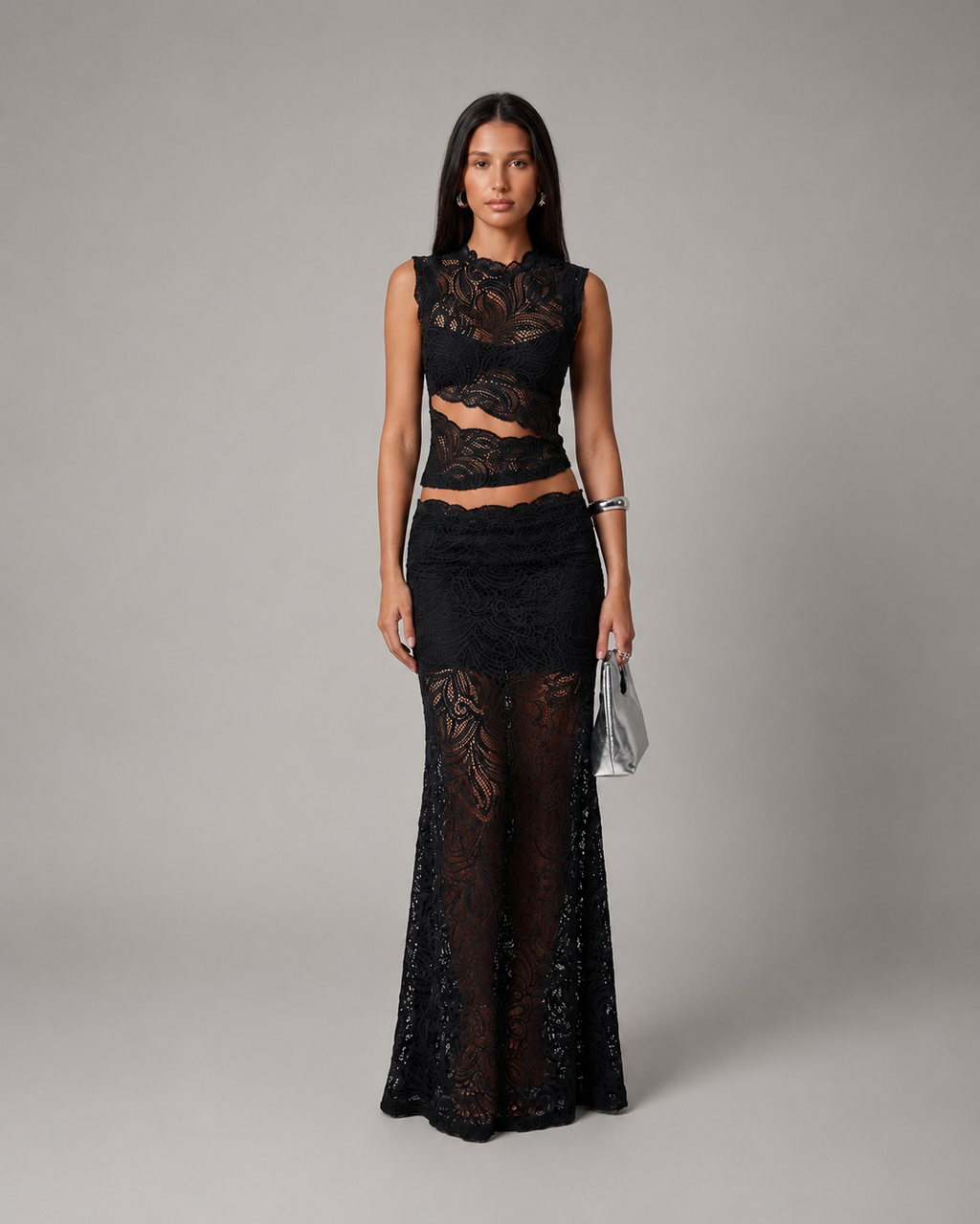 Sleeveless Floral Lace Crop Top and Long Skirt Two-Piece Set — model wearing