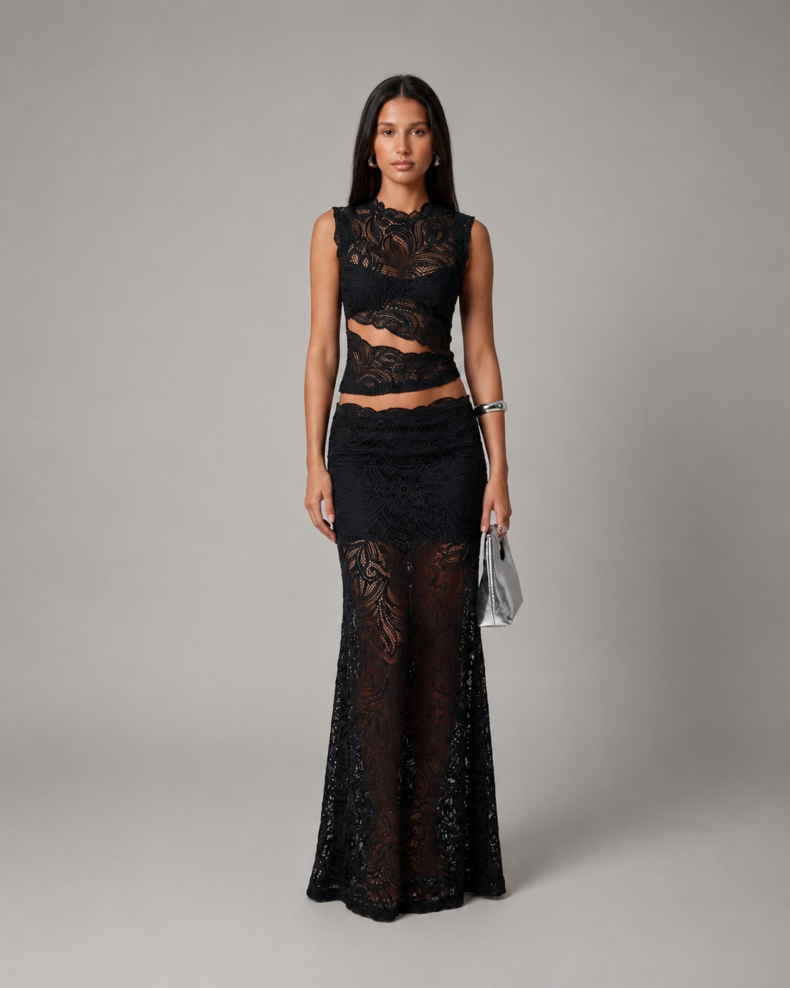 Sleeveless Floral Lace Crop Top and Long Skirt Two-Piece Set — model wearing
