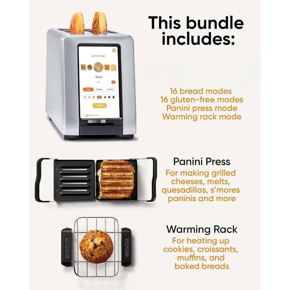 Smart Touchscreen Toaster 2 Slice Brushed Metal Warming Rack Panini Press Digital - Image 2