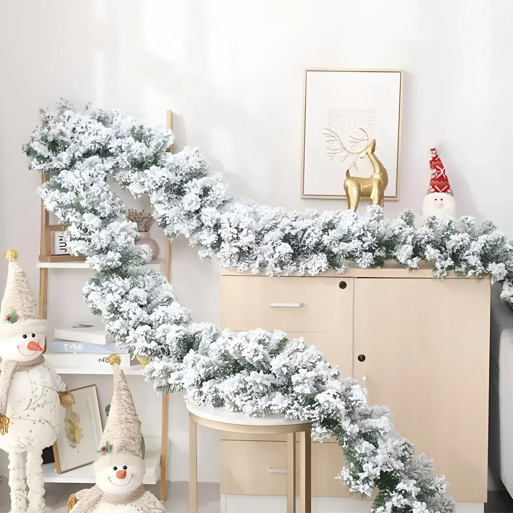 Snow-Flocked Artificial Christmas Garland for Stairs and Fireplace with Bendable Wire - Image 1