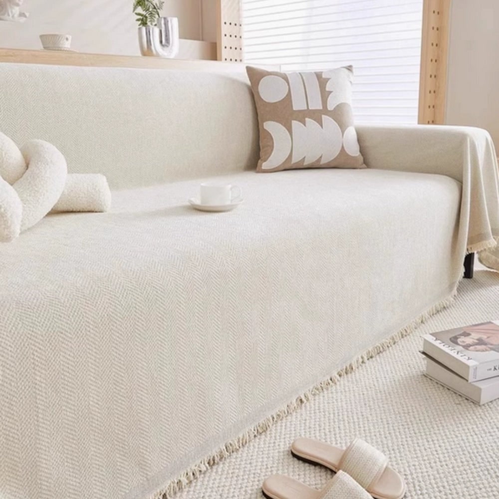 Sofa Throw Blanket with Woven Herringbone Pattern and Fringe Tassel Edges - Image 6