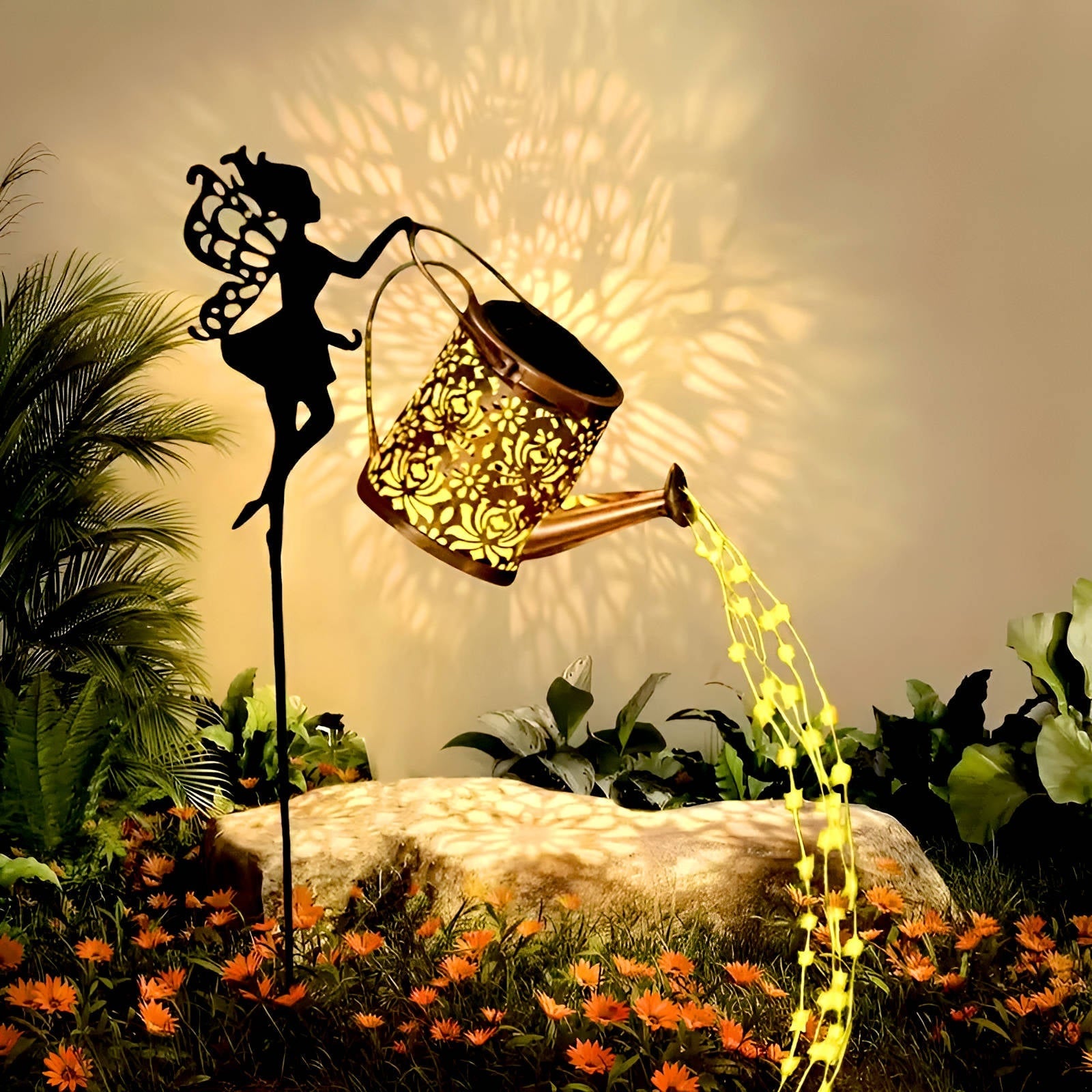 Solar Metal Watering Can Plant Light with LED String and Ground Stake - Image 1