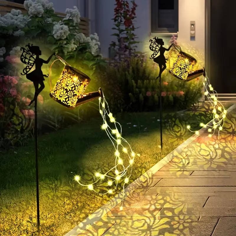 Solar Metal Watering Can Plant Light with LED String and Ground Stake - Image 2