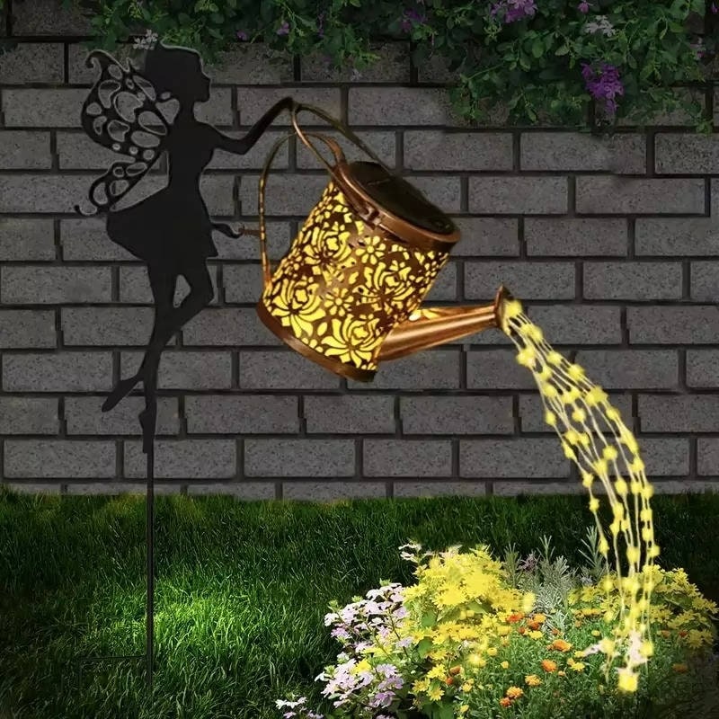 Solar Metal Watering Can Plant Light with LED String and Ground Stake - Image 3