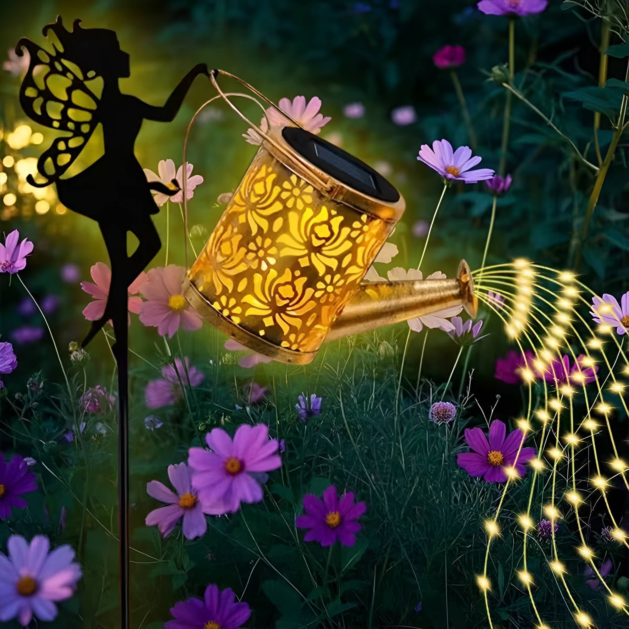 Solar Metal Watering Can Plant Light with LED String and Ground Stake - Image 8